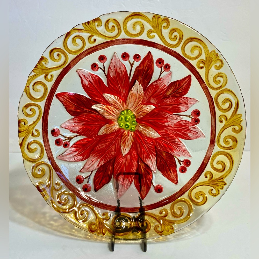 Fused Glass Hand Painted Poinsettia Christmas Holiday Serving Plate Tray 11.5”